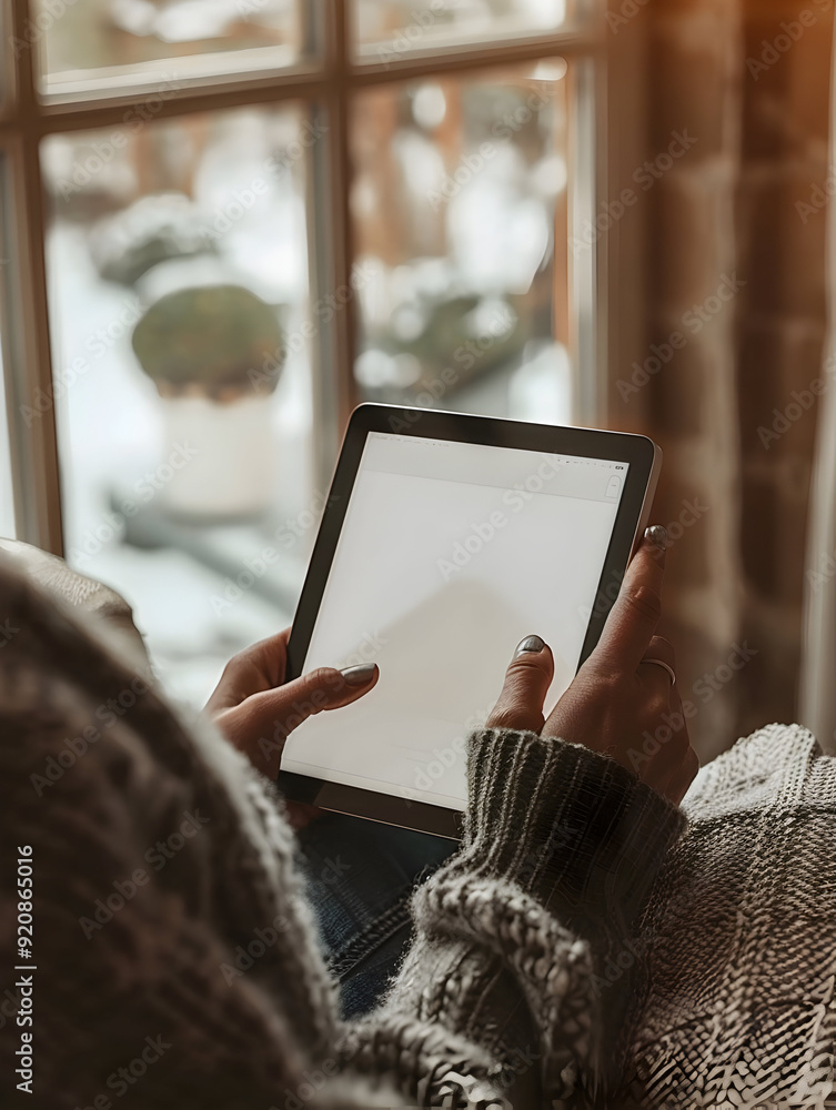 Poster online banking concept: person using banking app on tablet with plain background photo realistic ima