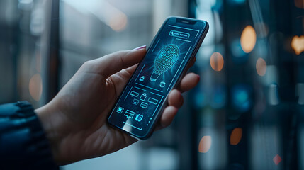 Photo Realistic Biometric Verification for Mobile Banking Concept with Person Using Smartphone on Clean Background