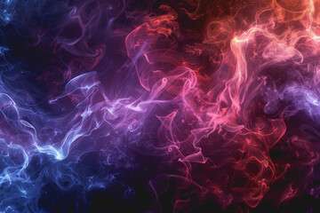 Dynamic smoke swirls dark red. Accented with neon blue textures and warm tones.