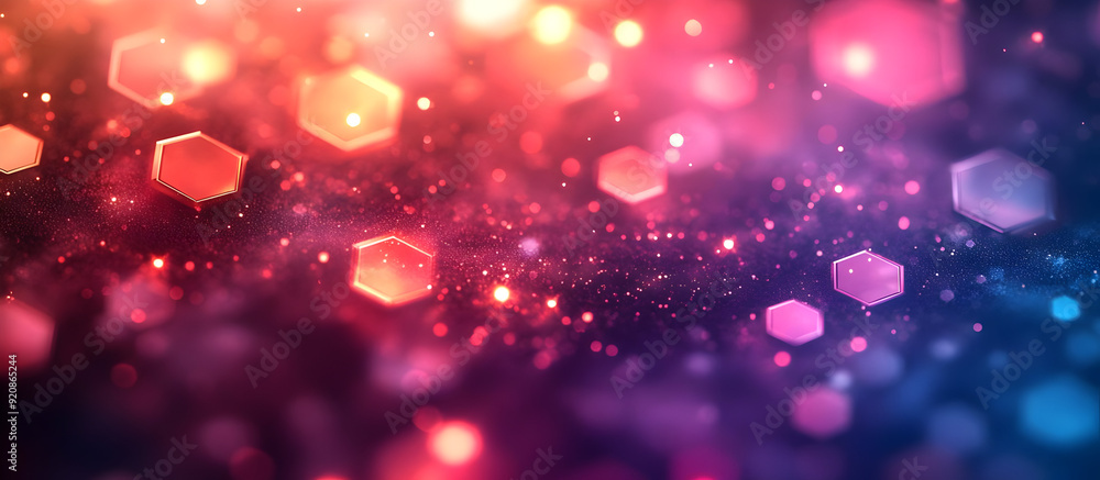 Poster Vibrant abstract background featuring colorful bokeh lights and hexagonal shapes, perfect for creative projects and design.