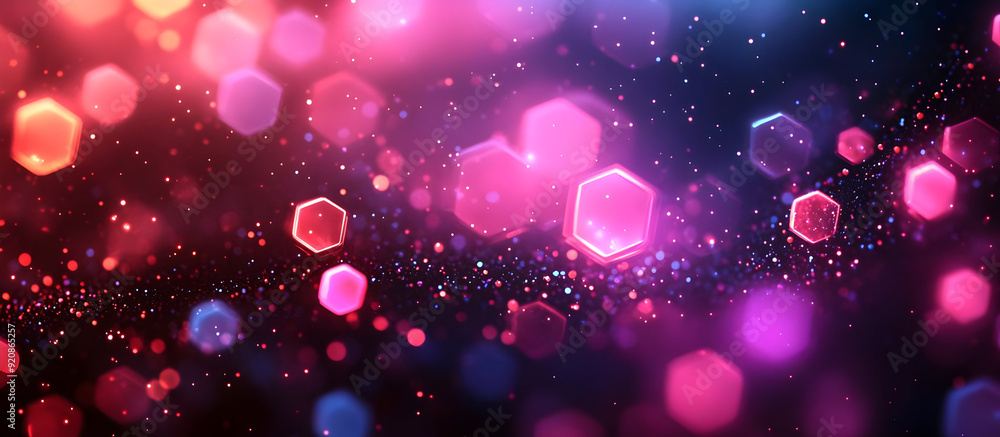 Poster a vibrant and colorful abstract background featuring hexagonal shapes and glowing bokeh lights for c