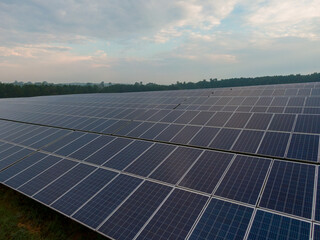 Morning Drone Images of a Large Renewable Solar Farm in Louisburg North Carolina Using Technology and Science for Green Energy & Lowering Carbon Footprints. 