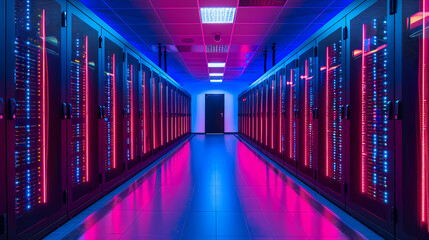 Vector cartoon corridor in a spaceship,Data Center With Illuminated Server Racks