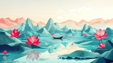 A landscape of mountains and beautiful lake with lotus