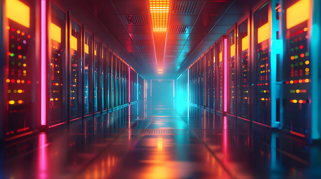 Vector cartoon corridor in a spaceship,Data Center With Illuminated Server Racks