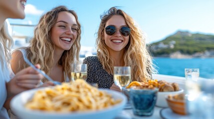 Two women smile brightly as they enjoy pasta and wine on a boat surrounded by beautiful scenery, capturing a moment of joy, celebration, and good company.