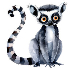 Obraz premium Watercolor Clipart of a Cheerful Lemur with a Striped Tail and Bright Eyes