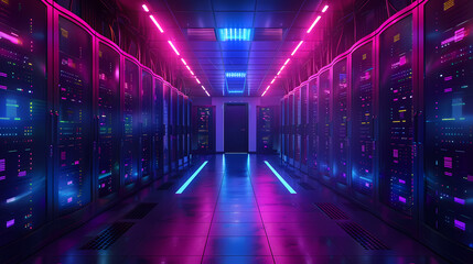 Fototapeta premium Vector cartoon corridor in a spaceship,Data Center With Illuminated Server Racks