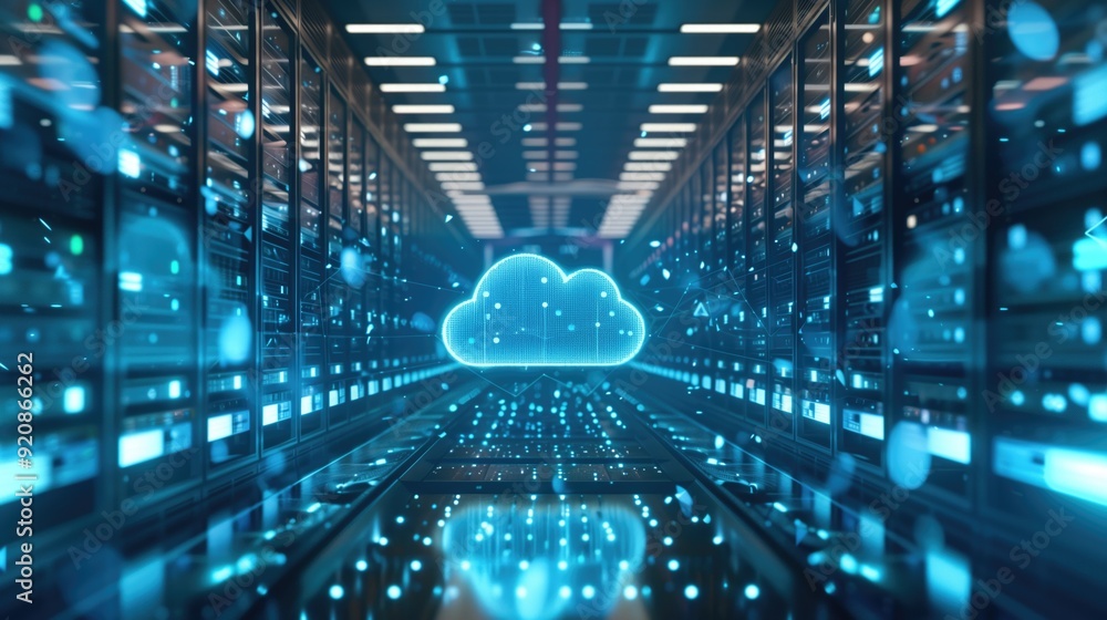 Poster futuristic data center with holographic cloud symbol glowing among rows of servers. depicts concepts