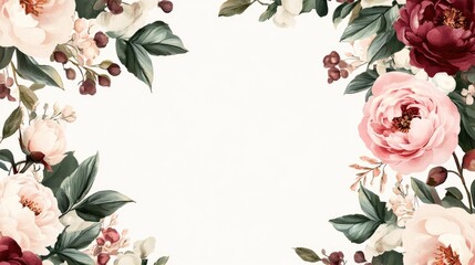 Floral banner arranged with leaves and flowers, peony card, green leaves and roses, chic fashion frame, soft pink, wedding design, blush, green, white, burgundy color tones, separate and editable, 