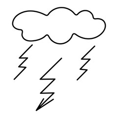 Storm. Sparkling lightning and arrow. Sketch. Vector illustration. The cloud releases an electrical discharge. Be careful of tension. Outline on isolated white background. Doodle style. Coloring book 