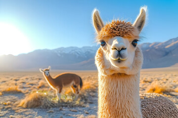 Obraz premium A close-up of a curious llama in a scenic landscape, with mountains and sunlight enhancing the serene atmosphere.