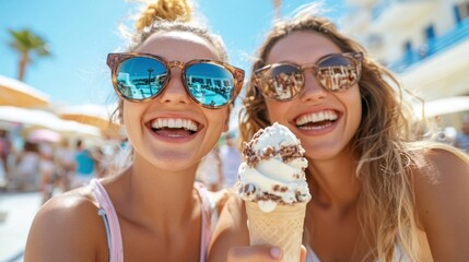 Two friends enjoying an ice cream cone together on a sunny day, both wearing sunglasses and smiling, capturing the essence of summer fun and friendship.