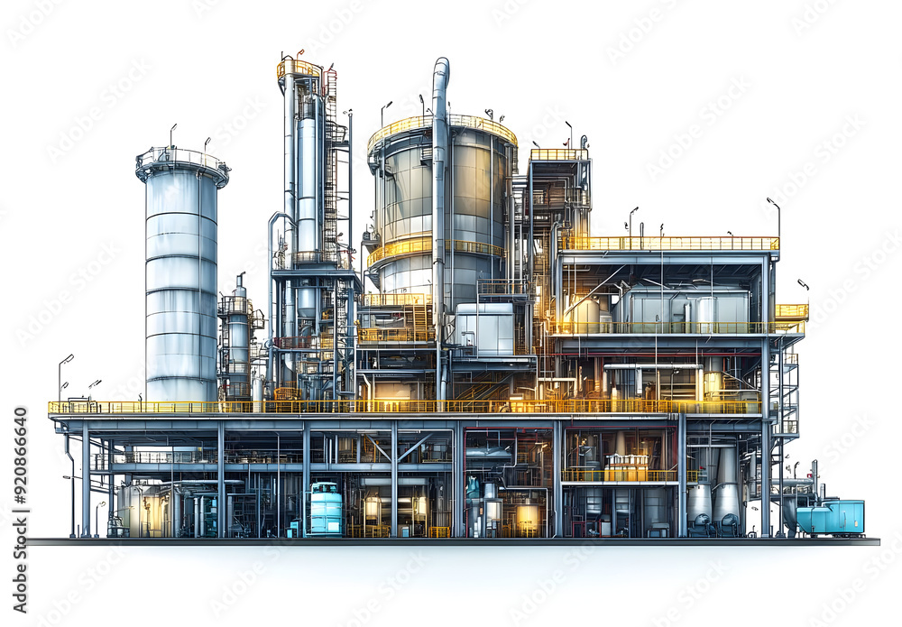 Poster a modern industrial facility showcasing advanced engineering and technology with illuminated structu