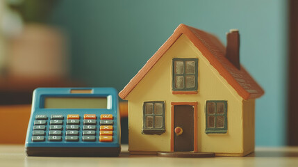 A close-up of a toy house and a calculator placed on a table. The toy house is designed with bright colors and playful details, while the calculator is typically used for numerical calculations. 