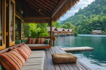 Serene waterfront view featuring cozy seating, lush greenery, and tranquil waters perfect for relaxation and peace.