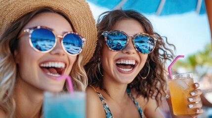 Two smiling friends, wearing sunglasses and sun hats, enjoy colorful drinks together on a sunny day, capturing a moment of joy, laughter, and vibrant friendship outdoors.