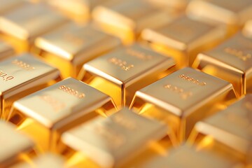 A closeup photograph of a stack of gold bars.