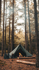Cozy Camping Tent with Campfire in Dense Forest