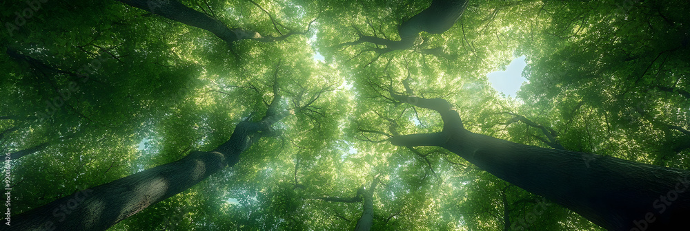 Poster captivating view of lush green treetops with sunlight filtering through, creating a serene and encha