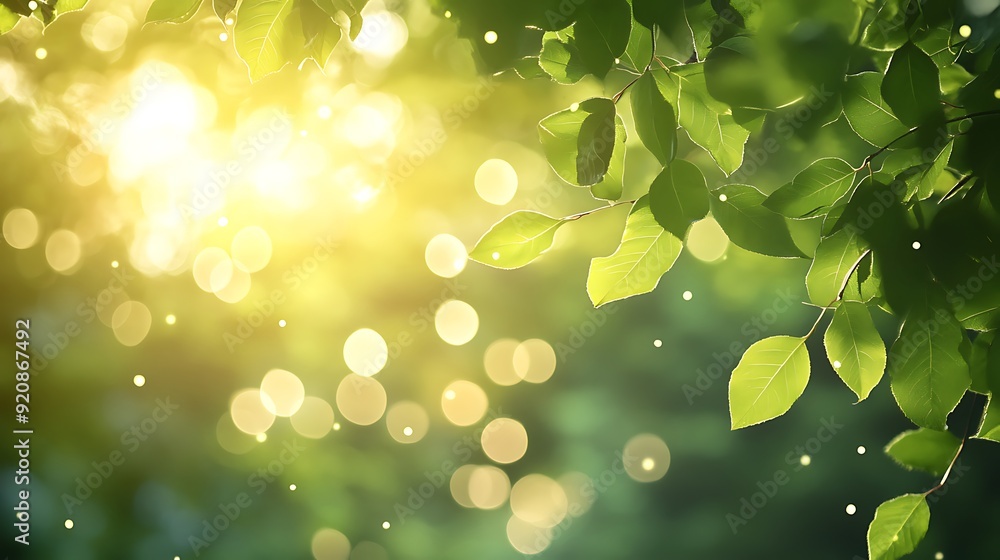 Poster background of soft bokeh lights in a forest with warm sunlight
