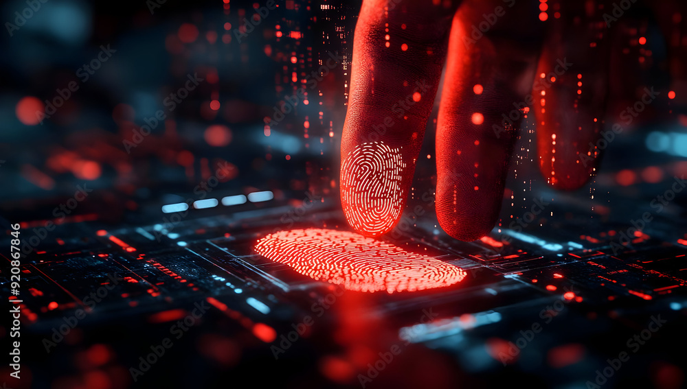 Poster a futuristic fingerprint recognition technology with glowing red patterns and digital data overlay, 