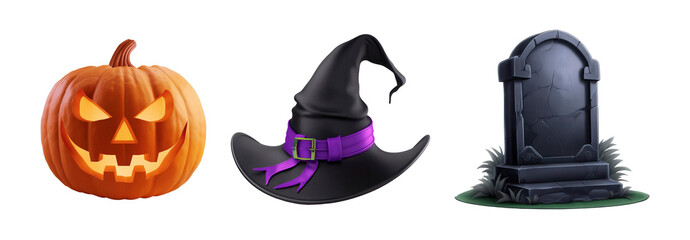 halloween set of creepy and cute icons in a 3D cartoon style, cute creepy pumpkin lantern, cute witch hat, 3d cartoon tombstone, carved background