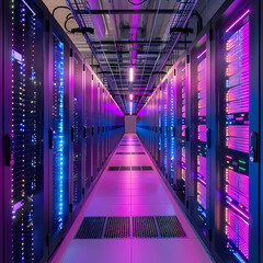 Fototapeta premium Vector cartoon corridor in a spaceship,Data Center With Illuminated Server Racks