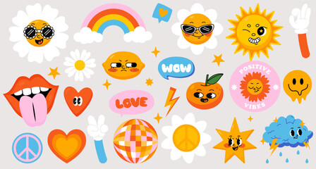 Trendy retro stickers with smile faces, flower, rainbow, peace. Funky, hipster retrowave stickers. Sticker pack in trendy retro psychedelic cartoon style. Isolated vector illustration. Flower power.