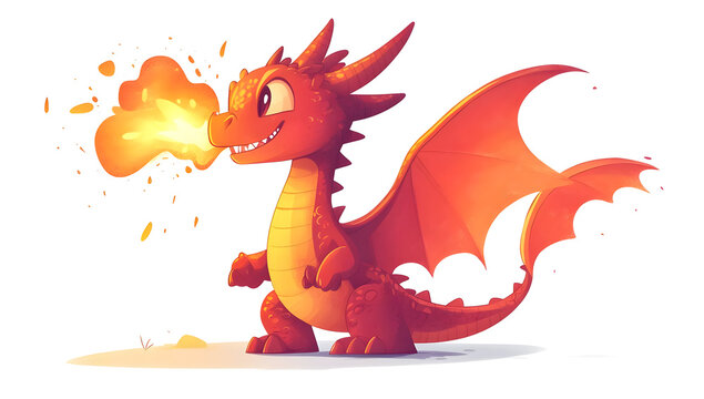 A cute cartoon dragon breathing fire, showcasing a vibrant and playful design, perfect for fantasy themes and children's illustrations.