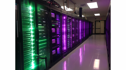 Vector cartoon corridor in a spaceship,Data Center With Illuminated Server Racks