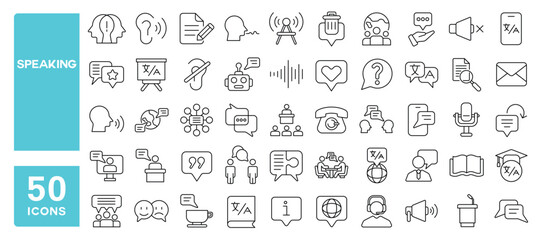 Set of 50 line icons related to speaking, language, communication, speech, dictionary, talking, consultation, conversation, Editable stroke. Vector illustration