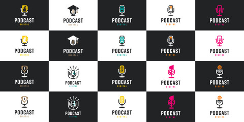 collection of podcast logos with line style, broadcast, interview, microphone, logo design inspiration.