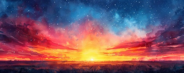 Naklejka premium Watercolor abstract sunset over plains with stars on white.