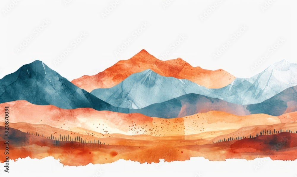 Wall mural abstract desert landscape in watercolor on a white backdrop.