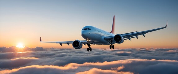 Passengers commercial airplane flying above clouds in sunset light. Concept of fast travel, holidays and business.