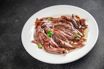 anchovies canned fish in oil fresh and tasty seafood meal food snack on the table copy space food background 