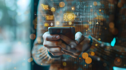 Photo Realistic Concept: Person Using Mobile Banking App on Smartphone with Copy Space for Design   Stock Photo