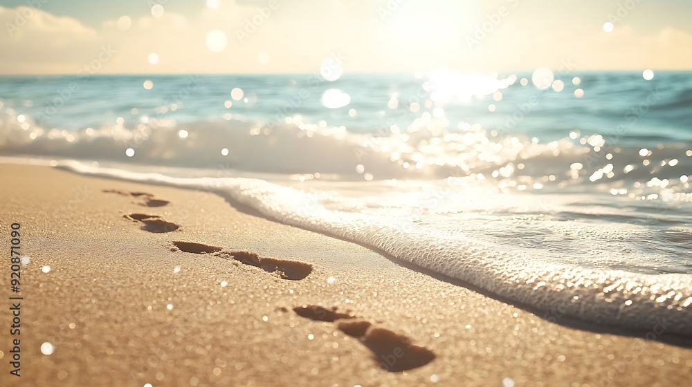 Poster background of sandy beach with footprints and soft bokeh of ocean waves