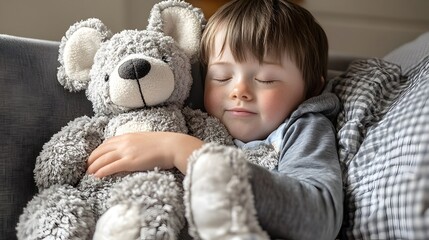 Peaceful nap with a loyal plush companion   a child with special needs finds comfort and security