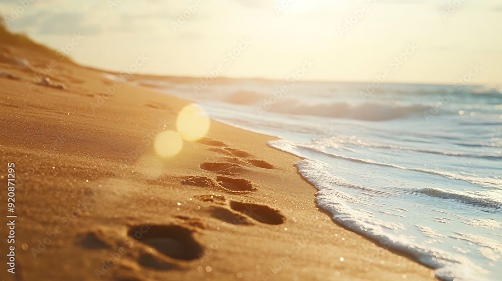 Poster background of sandy beach with footprints and soft bokeh of ocean waves