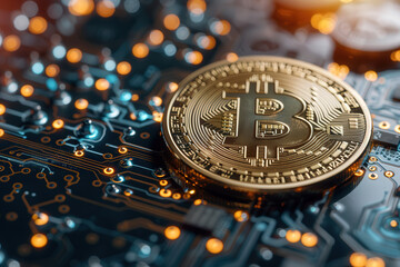 Cryptocurrency Bitcoin Circuit Board at Dusk