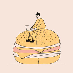 Simple illustration of a man sitting on a giant burger