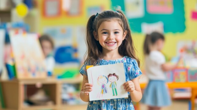 A cheerful preschool girl proudly holds up her drawing, surrounded by classmates engaged in their art activities in a bright classroom