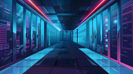 Vector cartoon corridor in a spaceship,Data Center With Illuminated Server Racks
