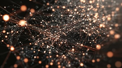 Naklejka premium Abstract network of glowing lines and dots on a black background. A digital representation of connection, communication, and the internet.
