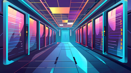 Vector cartoon corridor in a spaceship,Data Center With Illuminated Server Racks