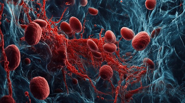 Blood clots or cancer formation inside human body or veins microscopic image