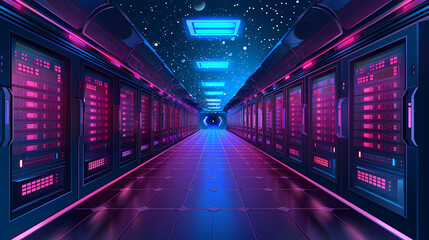 Fototapeta premium Vector cartoon corridor in a spaceship,Data Center With Illuminated Server Racks