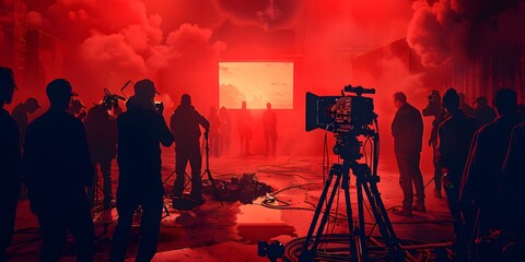 Fototapeta premium Film Camera and Lighting Effects on a Movie Set, Capturing the Essence of Cinematic Production